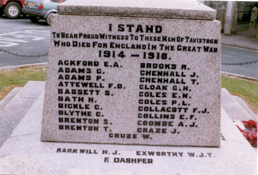Sapper F Dashper's name on the Tavistock memorial